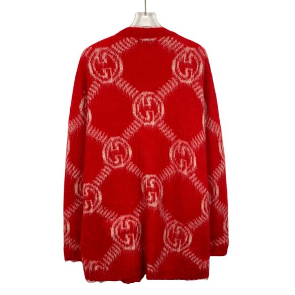 Gucci Red Wool-Blend Cardigan With GG Monogram Pattern & Button Front - Picture 2 of 6